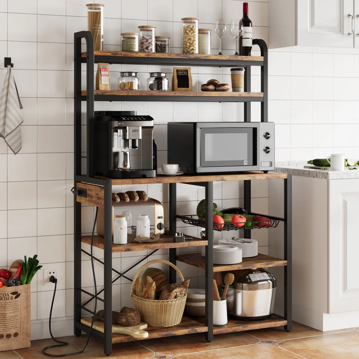 Kitchen Bakers Rack with Power Outlet Microwave Stand Coffee Bar Station Storage Shelves with Basket for Dining/Living Room
