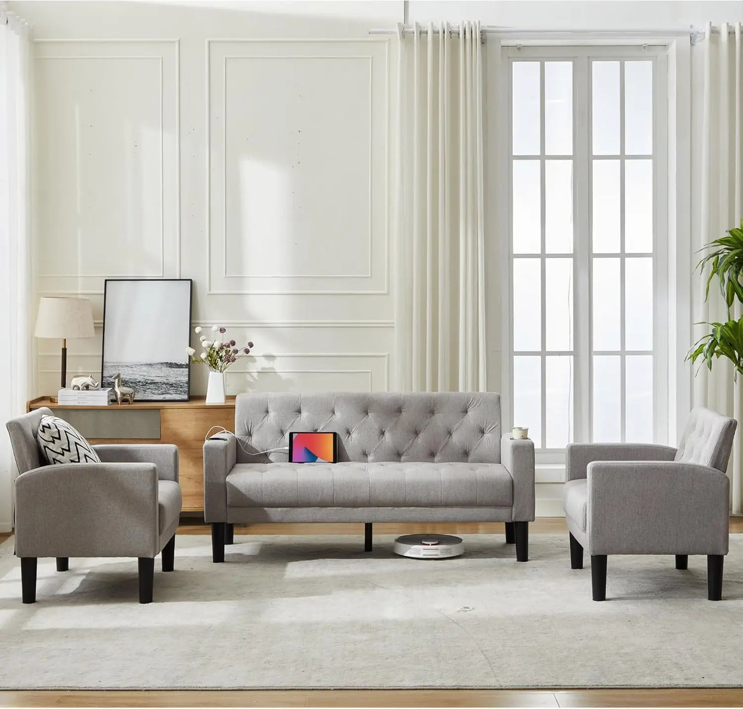 Mid-Century Modern Tufted Loveseat Sofa Set w/ 2 USB & 2 Cupholders, 3 Piece Living Room Furniture Sets, Small Love Seat Couches