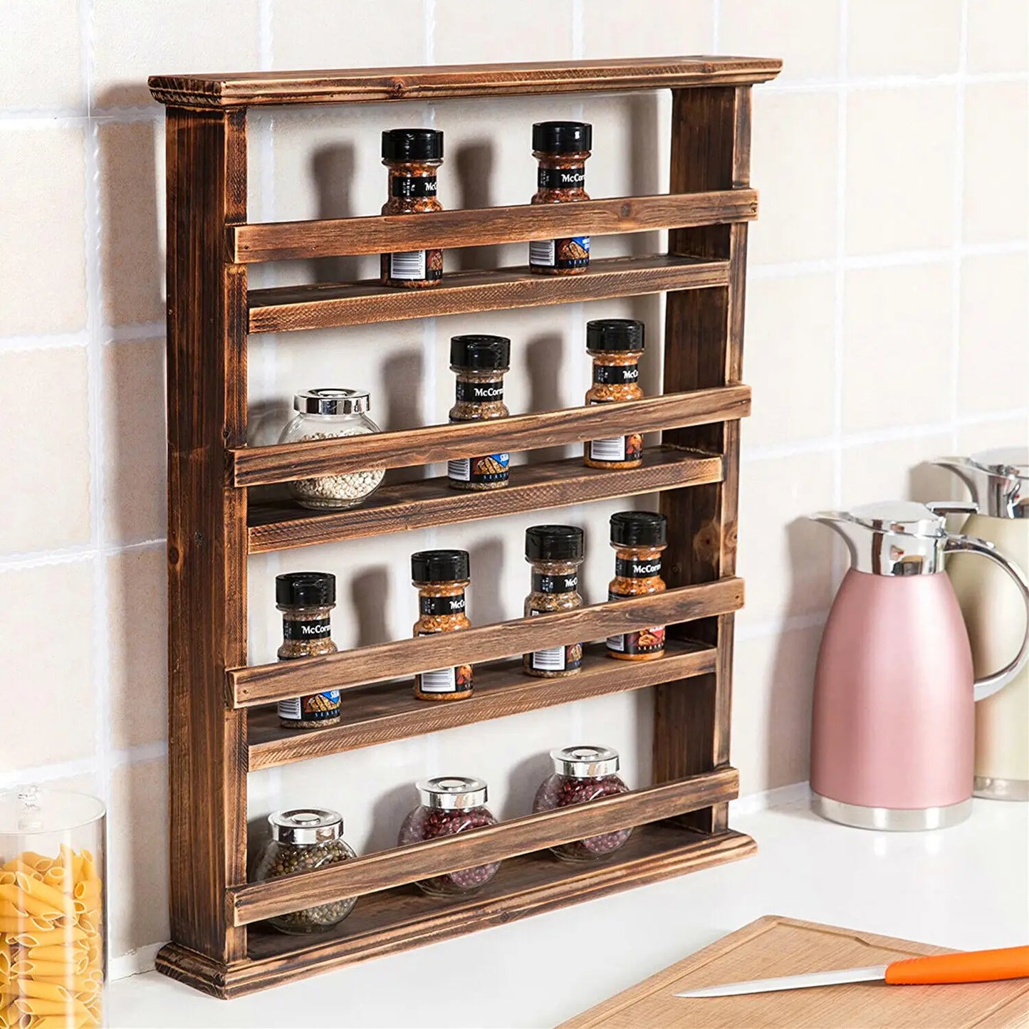Floating Kitchen Shelf Wall Mounted Wooden Wall Shelf 4 Tier Spice Rack Flamed Organizer