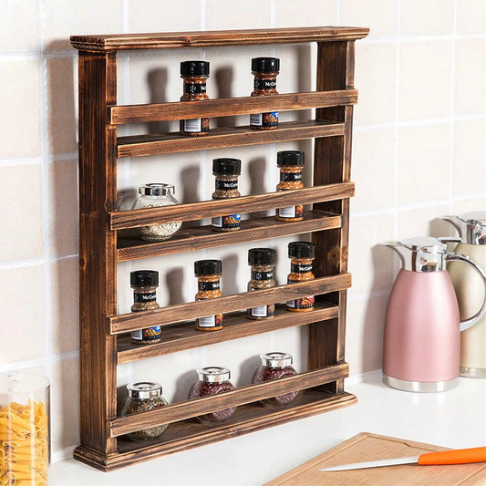 Floating Kitchen Shelf Wall Mounted Wooden Wall Shelf 4 Tier Spice Rack Flamed Organizer