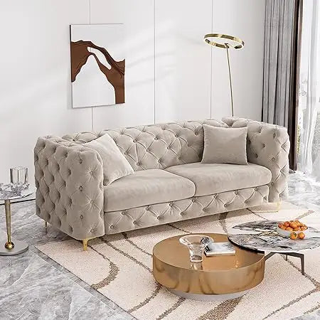 75" Sofa Couch Mid Century Modern Velvet Couch Tufted Button Sofa High Armrest & Metal Gold Legs Luxury Chesterfield Decor with
