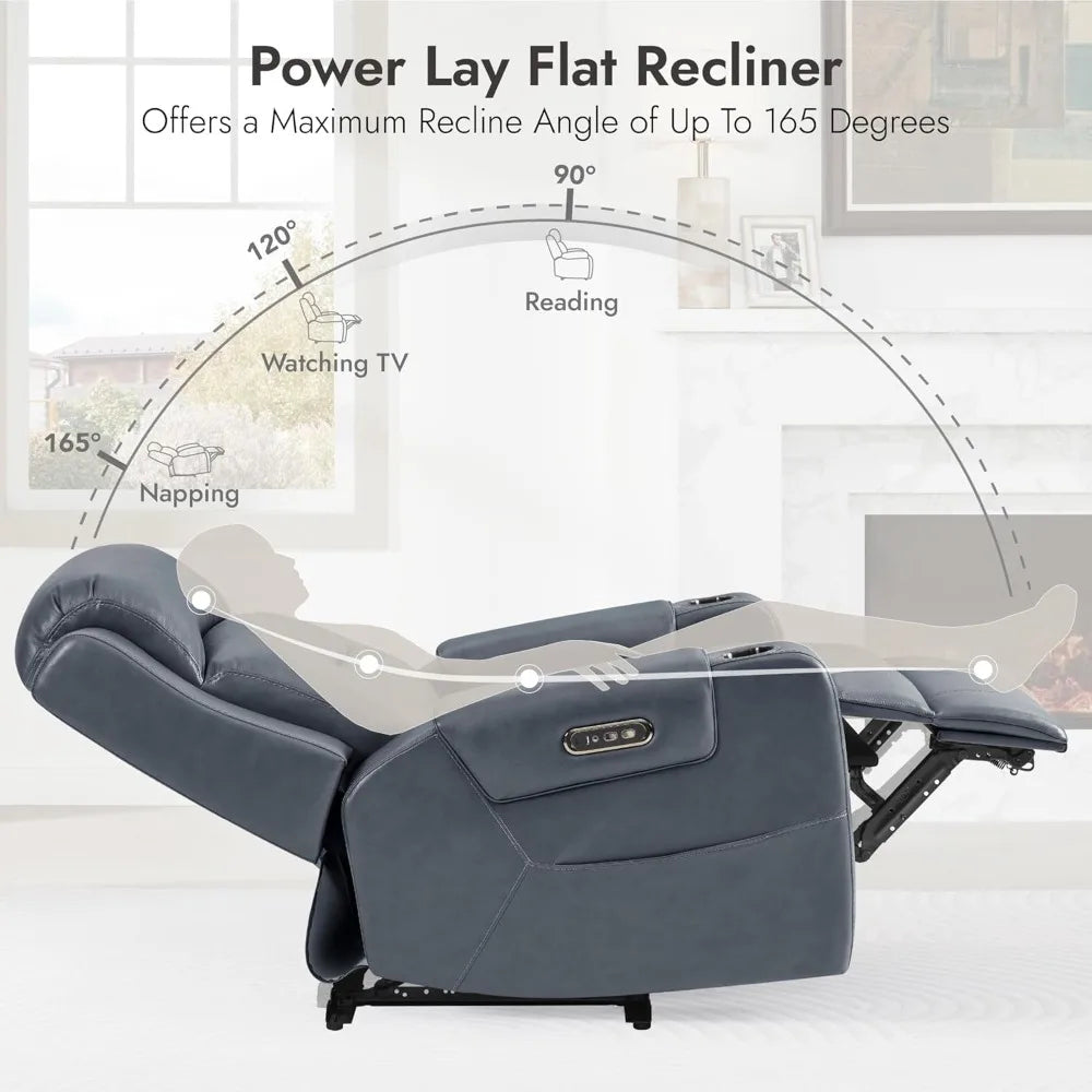 Genuine Leather Power Recliner Chairs for Adults, Lay Flat Recliner with Power Headrest, USB Ports and Cup Holders