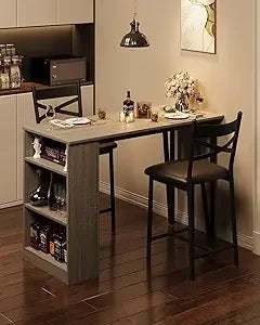 3 Piece Bar Table Set for 2, Bar Table and Chairs Set with with Flip Top Extension, Dining Table Set with Storage Shelves, Suit