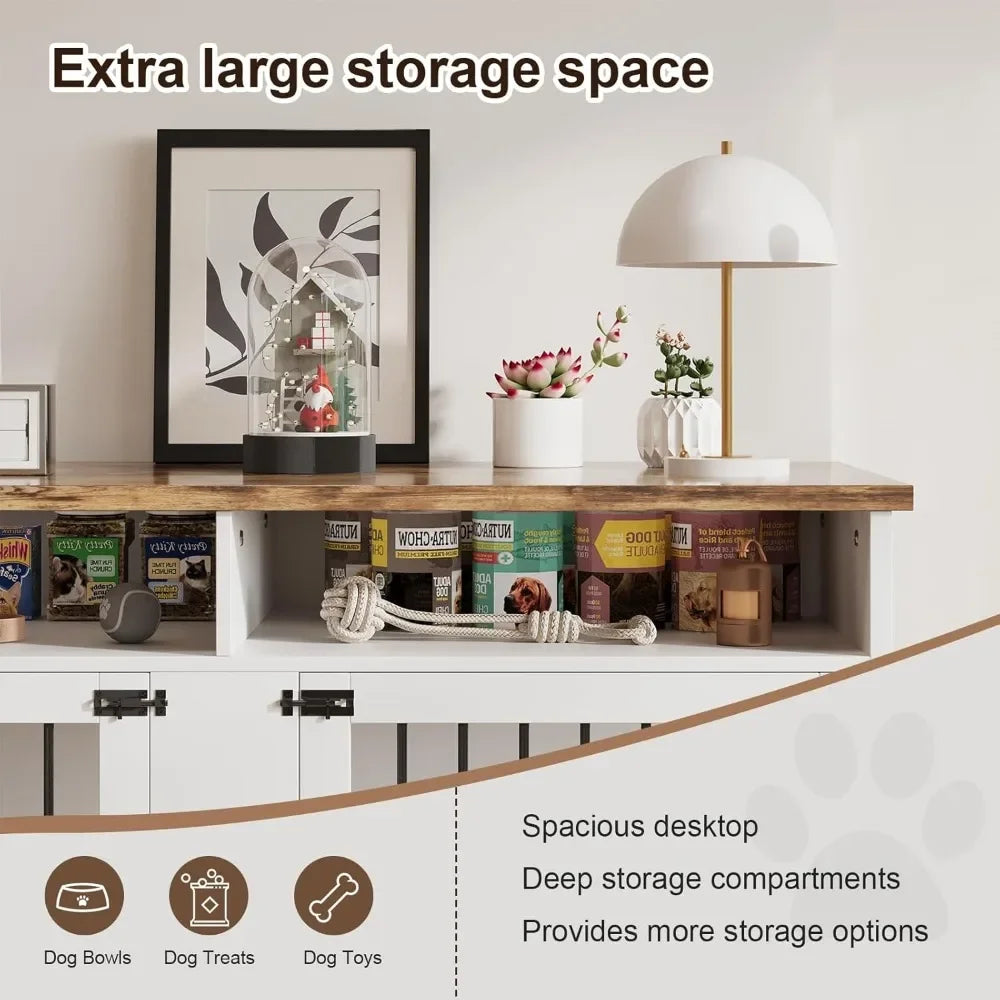 72 Inch Dog Crate Furniture for 2 Dogs Wooden Dog Crate with Storage Compartments Indoor Kennel with 4 Doors