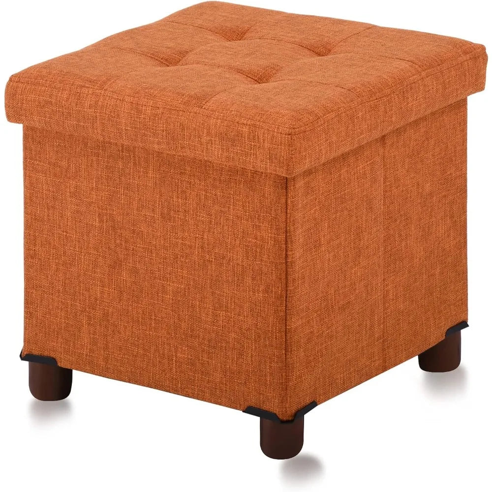 15 Inch Fabric Storage Ottoman with Wooden Legs - Foldable Cube Footrest Stool, Square Comfort Seat with Lid