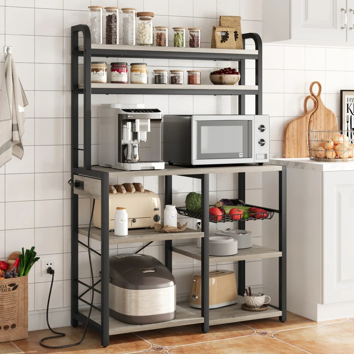 Kitchen Bakers Rack with Power Outlet Microwave Stand Coffee Bar Station Storage Shelves with Basket for Dining/Living Room