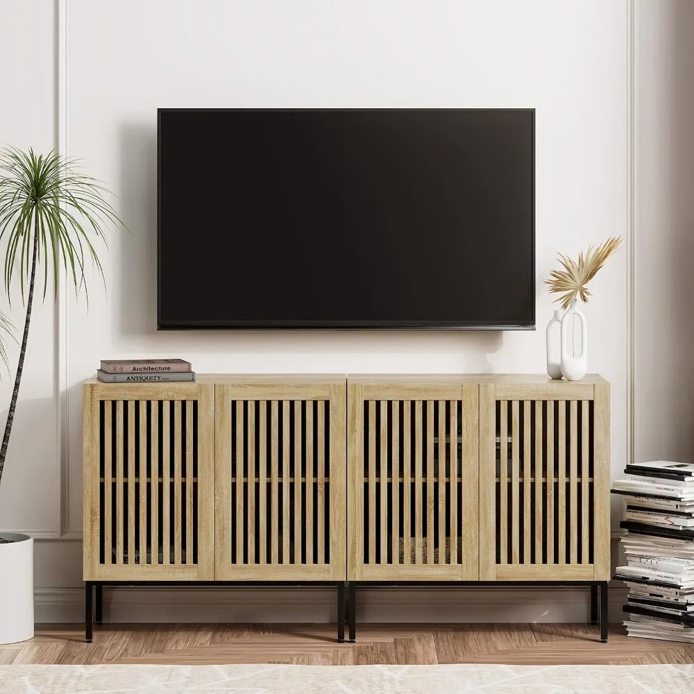 63 Farmhouse TV Stand, Entertainment Center with Metal Base & Adjustable Shelves, 2 in 1 TV Console with 4 Doors