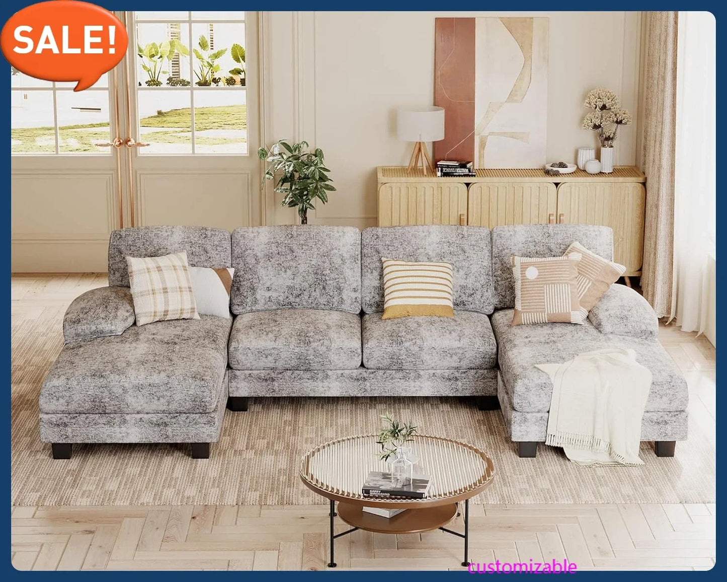 U Shaped Couch with Chenille Fabric, 4 Seat Modern Sofa with Removable Pillows for Apartment and Small Space (Fabric, Grey)