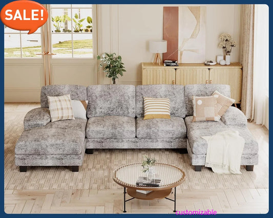 U Shaped Couch with Chenille Fabric, 4 Seat Modern Sofa with Removable Pillows for Apartment and Small Space (Fabric, Grey)