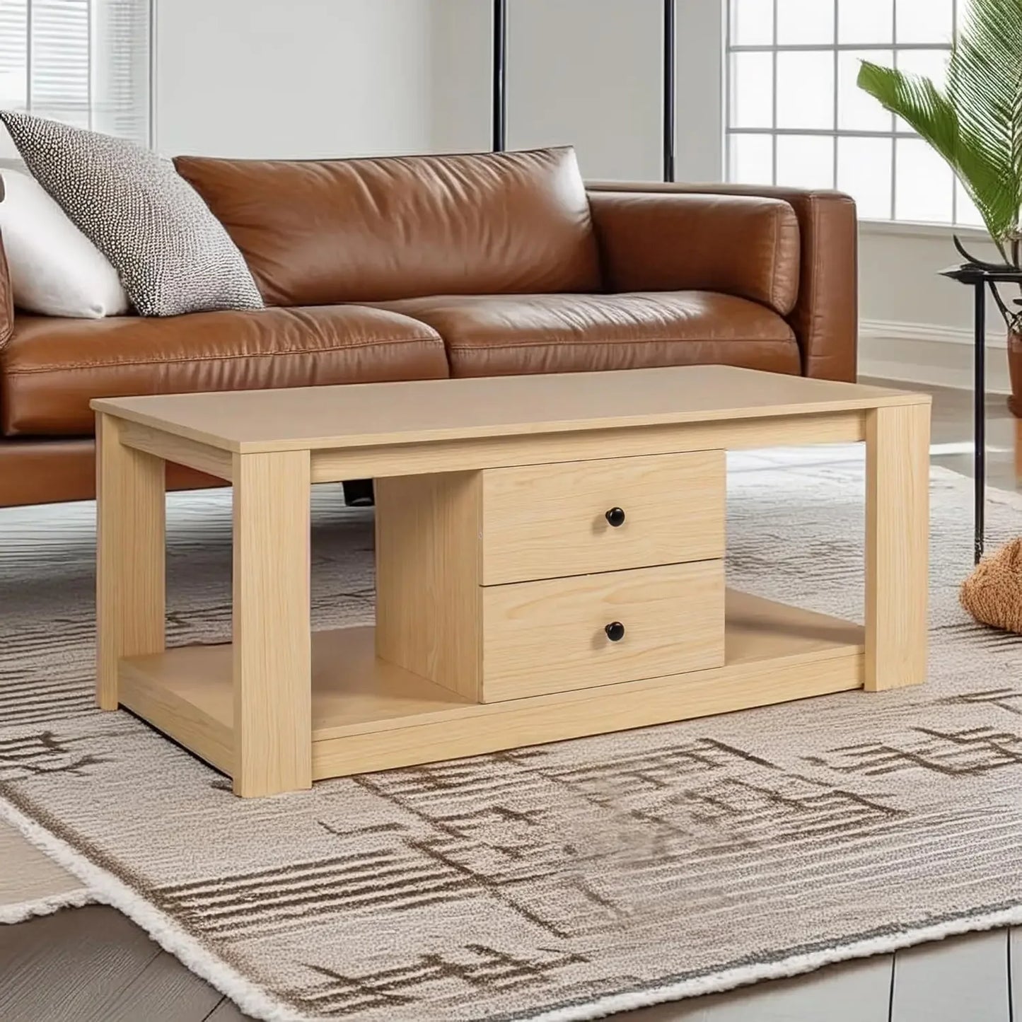 Coffee Table,Modern Wooden Rectangle Coffee Tables with Storage,2 Drawer Center Table for Living Room