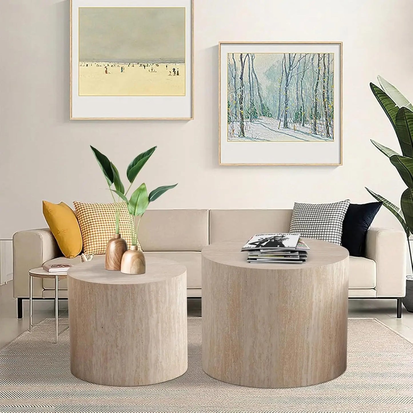 Handcraft Round Nesting Coffee Table - Chic Wave Stripe Edge, Modern Stylish Walnut Wooden Circle Fluted Center Table for Living