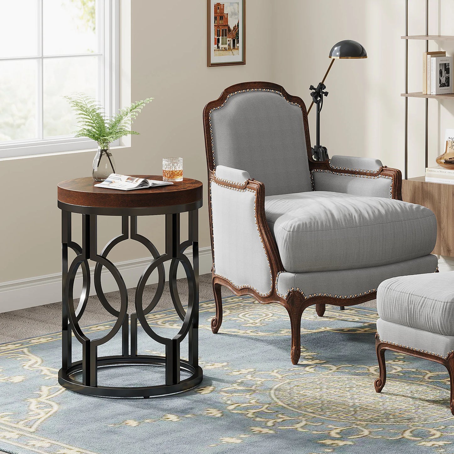 Tribesigns Round End Table, Industrial SideTable with Metal Hollow Frame, Small Bedside Table Nightstand for Living Room