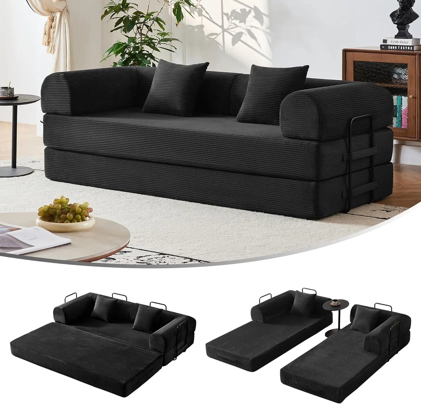 79" Compression Sofa, Convertible Sleeper Sofa Bed, Couch Bed with Fixed-Shape Frame, Corduroy Floor Sofa, Couches for Living Ro