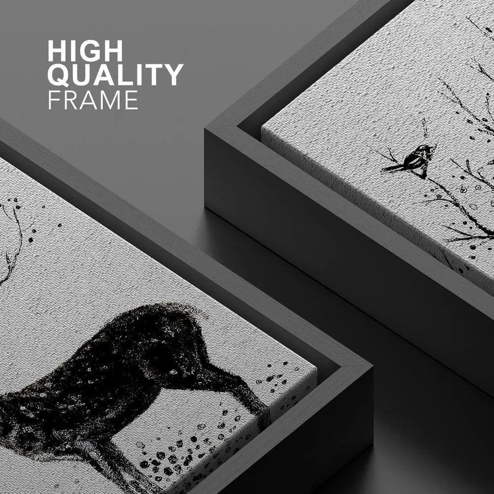 Modern Chic Wall Art: Framed Black and White Deer Canvas with Birds on Antlers Wildlife Scene