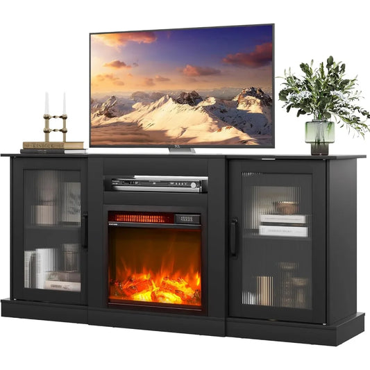 Fireplace TV Stand for 65 TV, Entertainment Center with 18 Inch Electric Fireplace, TV Console with Open Shelves for Living