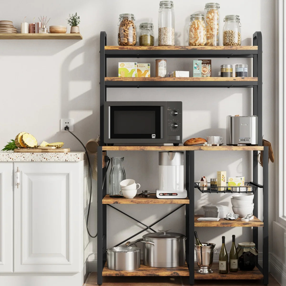 Kitchen Bakers Rack with Power Outlet Microwave Stand Coffee Bar Station Storage Shelves with Basket for Dining/Living Room