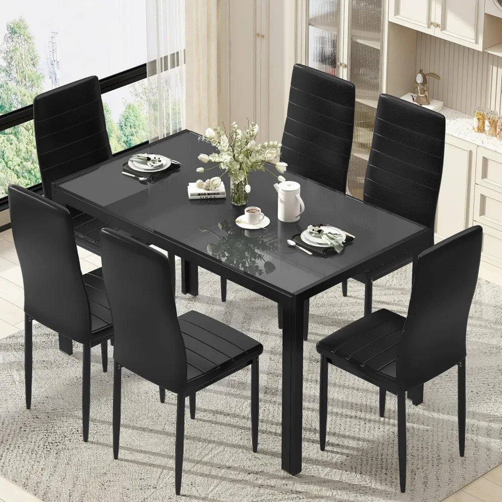 7-Piece Dining Table Set for 6, Tempered Glass Kitchen Table with PU Leather Chairs, Modern Dining Room Table Set for Small Spa