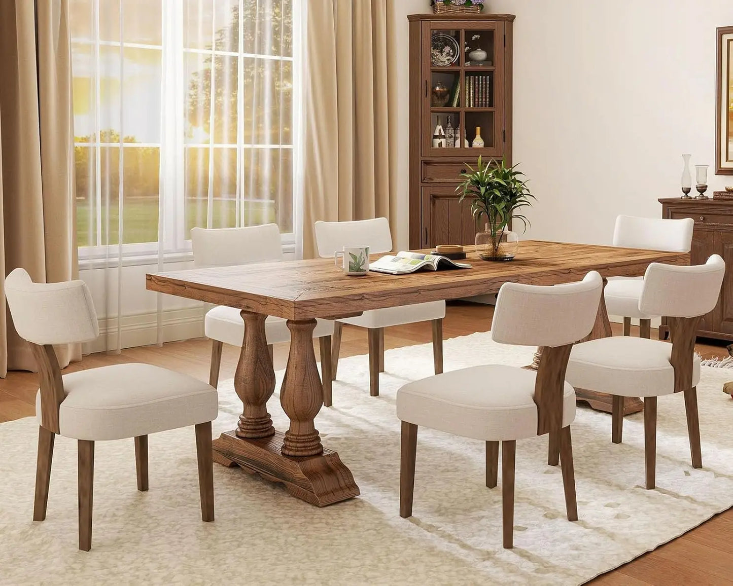 Mid Century Modern Dining Chairs Set of 6, Farmhouse Linen Fabric Upholstered Accent Curved Backrest Kitchen Chairs, with Ha