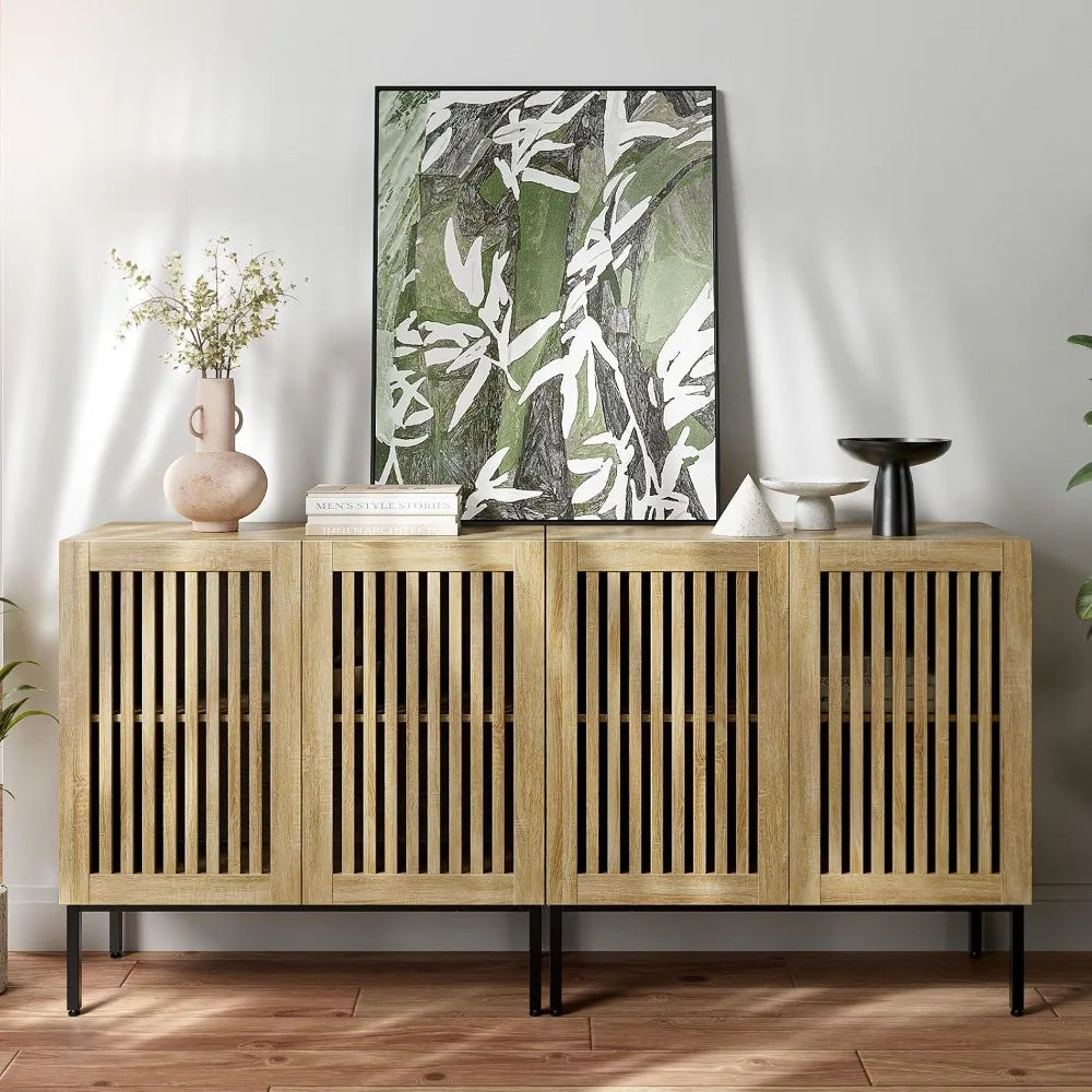 63 Farmhouse TV Stand, Entertainment Center with Metal Base & Adjustable Shelves, 2 in 1 TV Console with 4 Doors