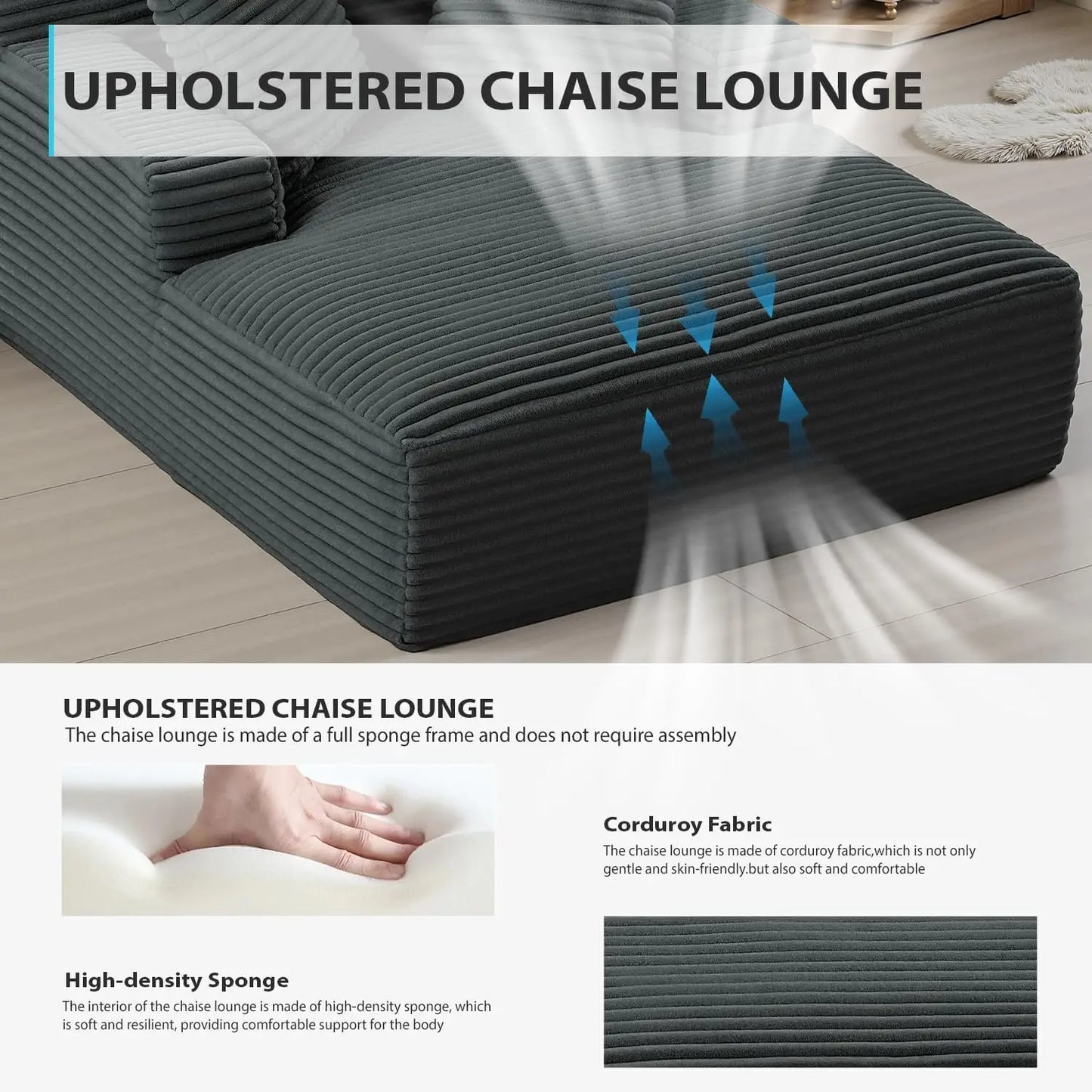 50 Inch Chaise Lounge Chair Indoor, Oversized Corduroy Upholstered Boneless Sofa Bed, Deep Seat Sleeper Couch Reading Chairs