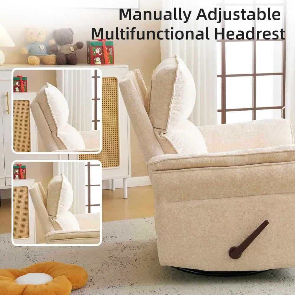 Oversized Recliner Chair, 26" Extra Wide 360° Swivel Rocker Recliner with Adjustable Headrest, Chenille Glider Rocking Nursery