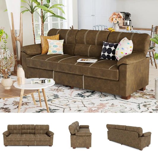 80 Inch Brown Faux Leather Sofa Couch (2 Sets) - Wide Armrests with 2 Built-in Cup Holders, Deep Seats, Contrast Stitching