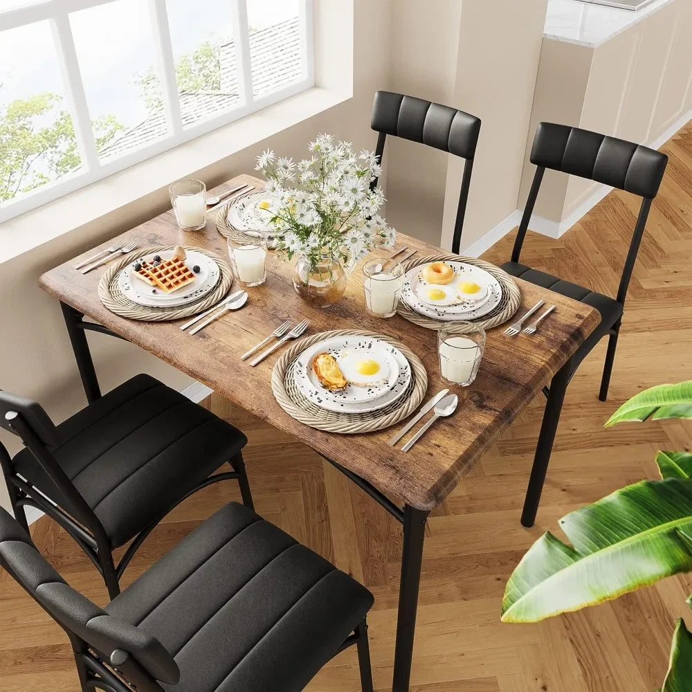 4 Person Dining Table Set with Cushioned Chairs, Kitchen Dining Table Set, Metal and Wood Rectangular Dining Table