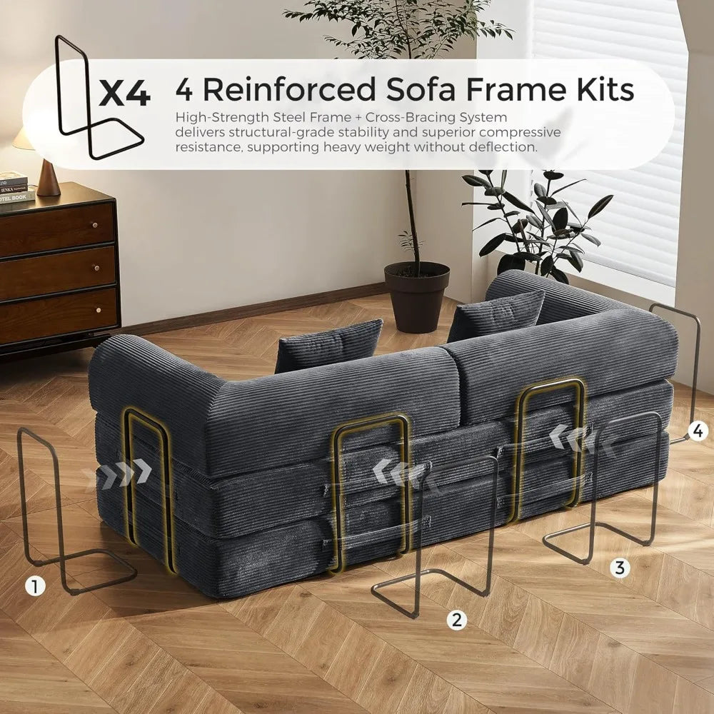 Modular Corduroy Sleeper Sofa with Removable Armrests and Fixed-Shape Frame, Folding Mattress Couch for Sleep
