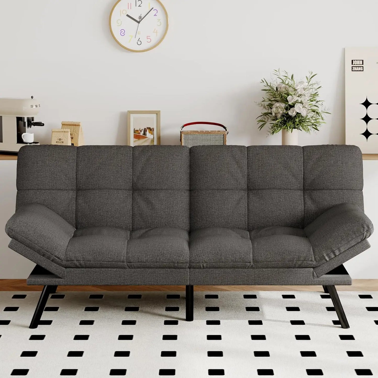 Futon Sofa Bed Convertible Couch, Brown Faux Leather Sofa Bed with Memory Foam, Adjustable Backrest & Armrests, Multifunctional