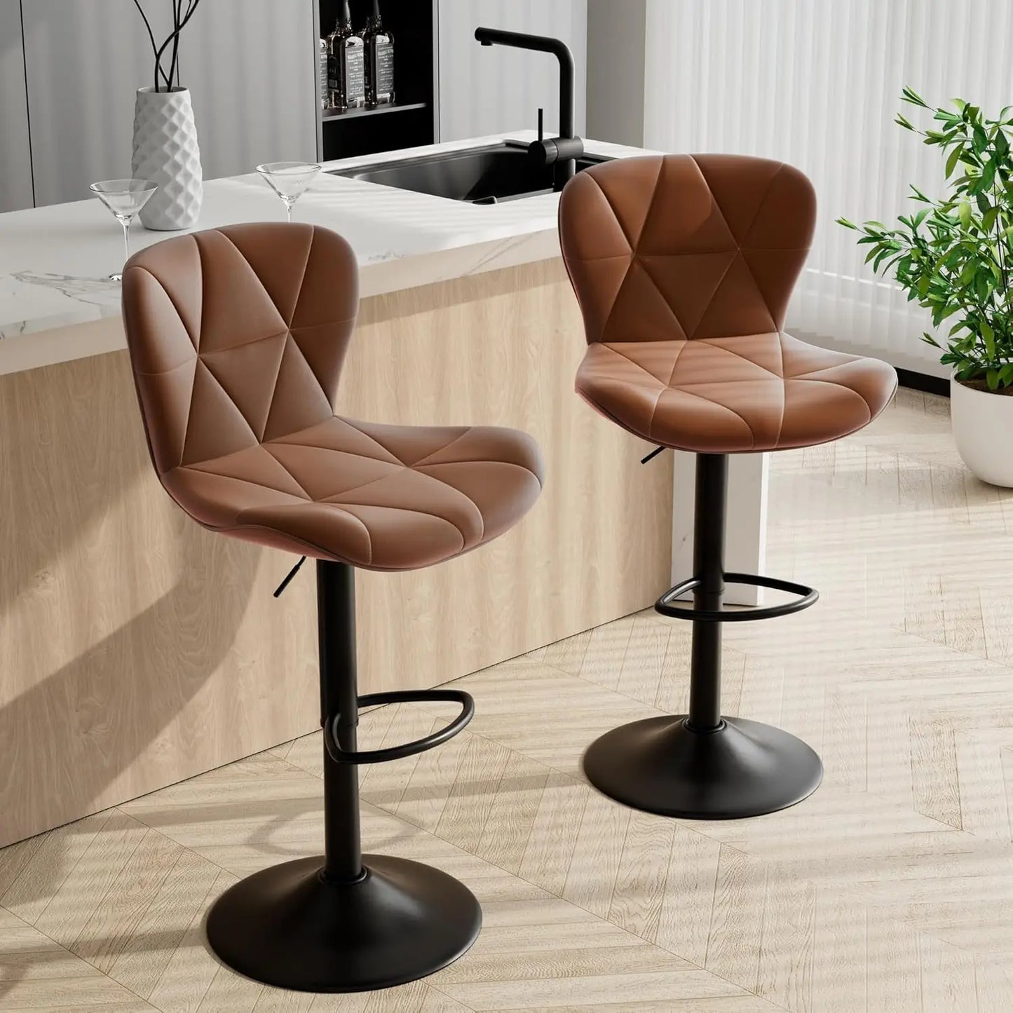 Bar Stools Set of 2,Adjustable Swivel Barstools,Faux Leather Bar Chairs,Upholstered Counter Height with High Backrest forKitchen