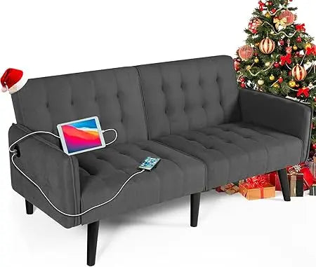 65“ Convertible Futon Sofa Bed w/ 2 USB, Upholstered Tufted Small Adjustable Folding Couch Loveseat, Modern Mid Century Sleeper