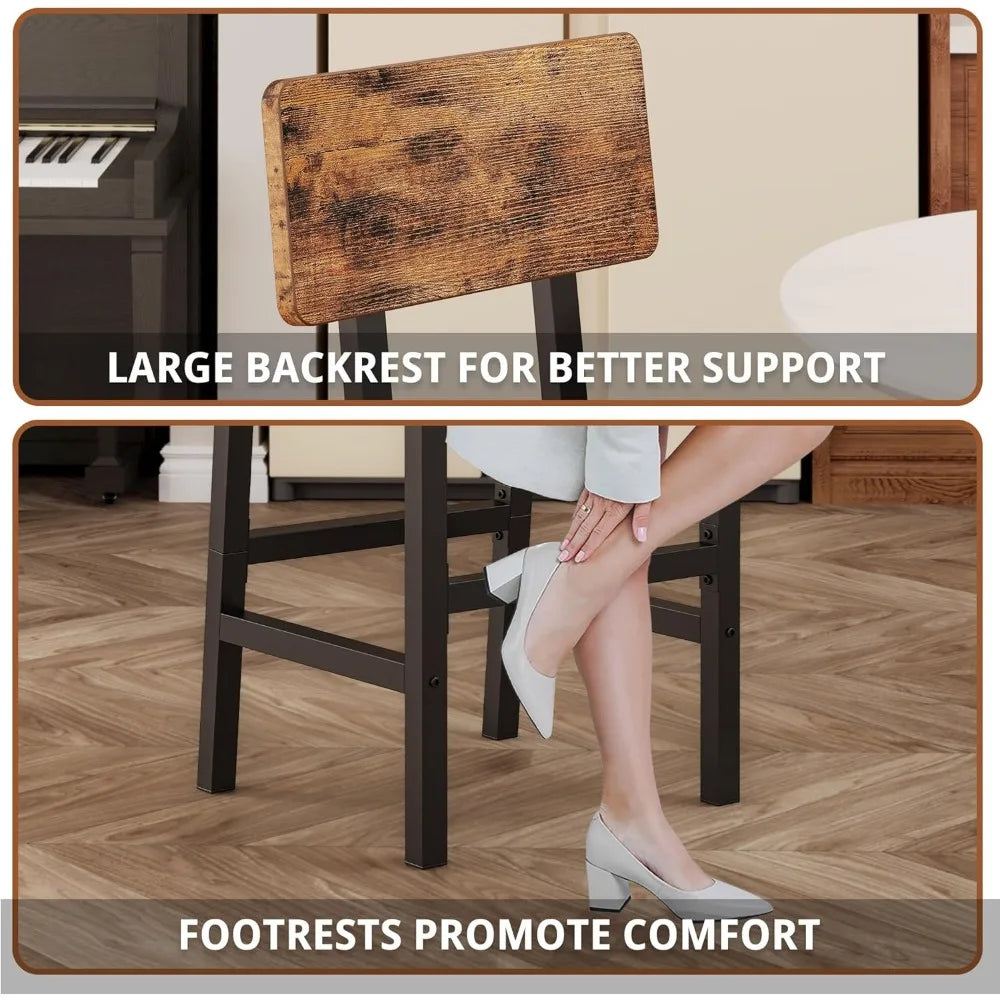 Bar Stools Set of 2, 16.5in Square PU Upholstered Barstools with Back and Footrest, Thick Cushion Stools for Kitchen Island