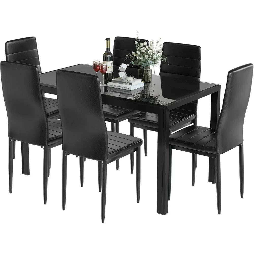 7-Piece Dining Table Set for 6, Tempered Glass Kitchen Table with PU Leather Chairs, Modern Dining Room Table Set for Small Spa