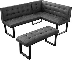 3 Piece Dining Table Set with Bench, 42.9 Inch Modern Kitchen Table with Left Seat Corner and 43.3 Inch Bench for Family Dining