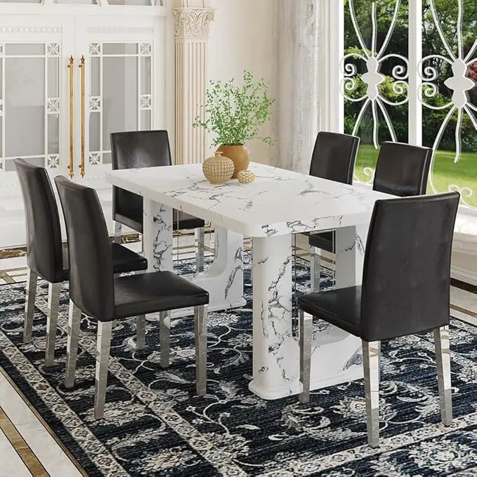 64.5" Dining Room Table Set for 6, Modern Farmhouse Wood Dining Table Set with Decorative Pedestal Legs & 6 Cushioned Chairs