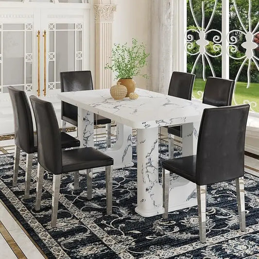 64.5" Dining Room Table Set for 6, Modern Farmhouse Wood Dining Table Set with Decorative Pedestal Legs & 6 Cushioned Chairs