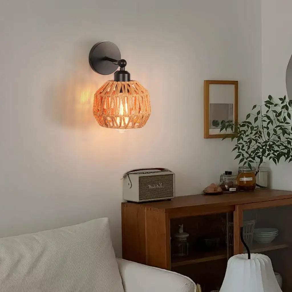 Rattan Wall Lamp Bedroom Living Room Corridor Wall Light E27 Bedside Lamp Retro Hemp Rope Woven Sconce Indoor Lighting Fixtures