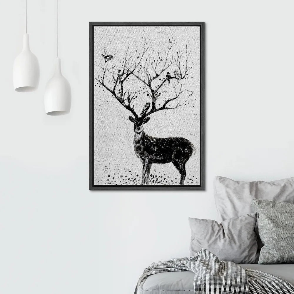 Modern Chic Wall Art: Framed Black and White Deer Canvas with Birds on Antlers Wildlife Scene