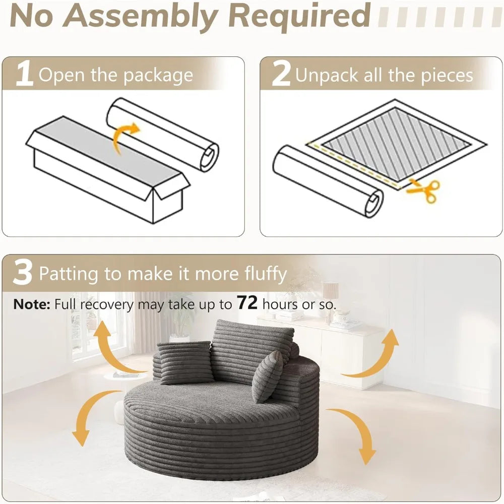 50" Oversized Round Chair Lounge Chaise Indoor, Upholstered Corduroy Sofa with Deep Seat, Single Circle Sofa Chair for Living