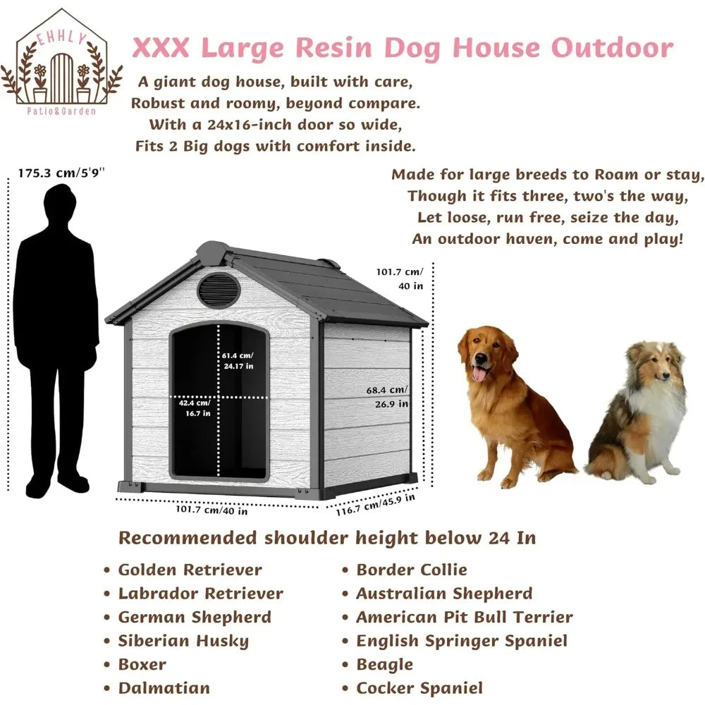 46" Large Dog House Outdoor Weatherproof, 3XL Big Dog House for 2 Large Dogs Outside, Insulated Igloo Pet House with Elevated Fl