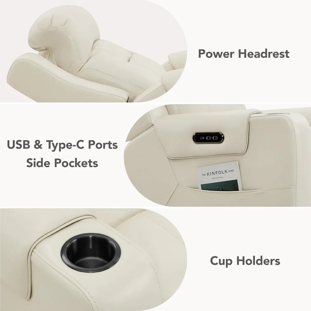 Genuine Leather Power Recliner Chairs for Adults, Lay Flat Recliner with Power Headrest, USB Ports and Cup Holders