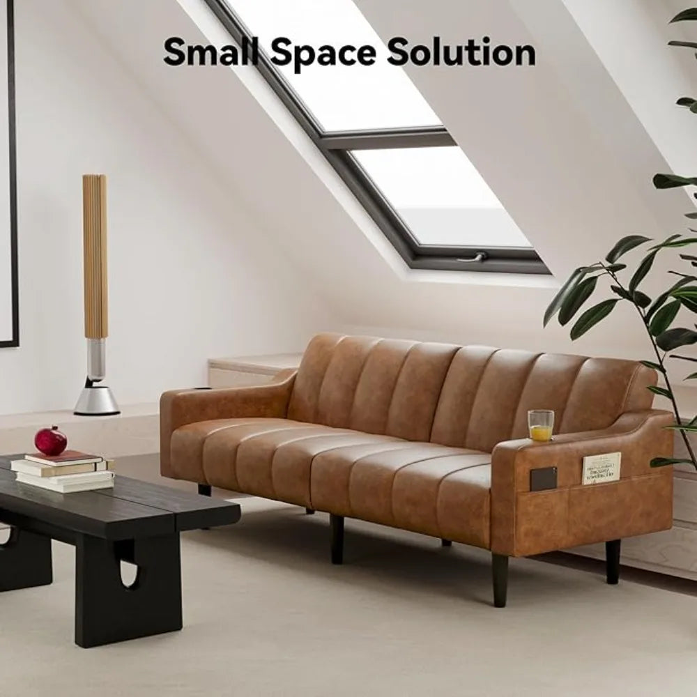 80'' Leather Couch, Futon Sofa Bed, Faux Leather Couch with Adjustable Backrest, 2 Cup Holders & Side Pockets, Mid Century