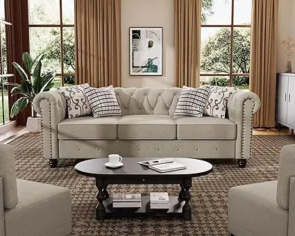 Classic Chesterfield Sofa Set 82'', Tufted Sofa Couch Set with Solid Wood Legs Thick Cushion, Pet-Friendly 3-Seater Sofas Couch