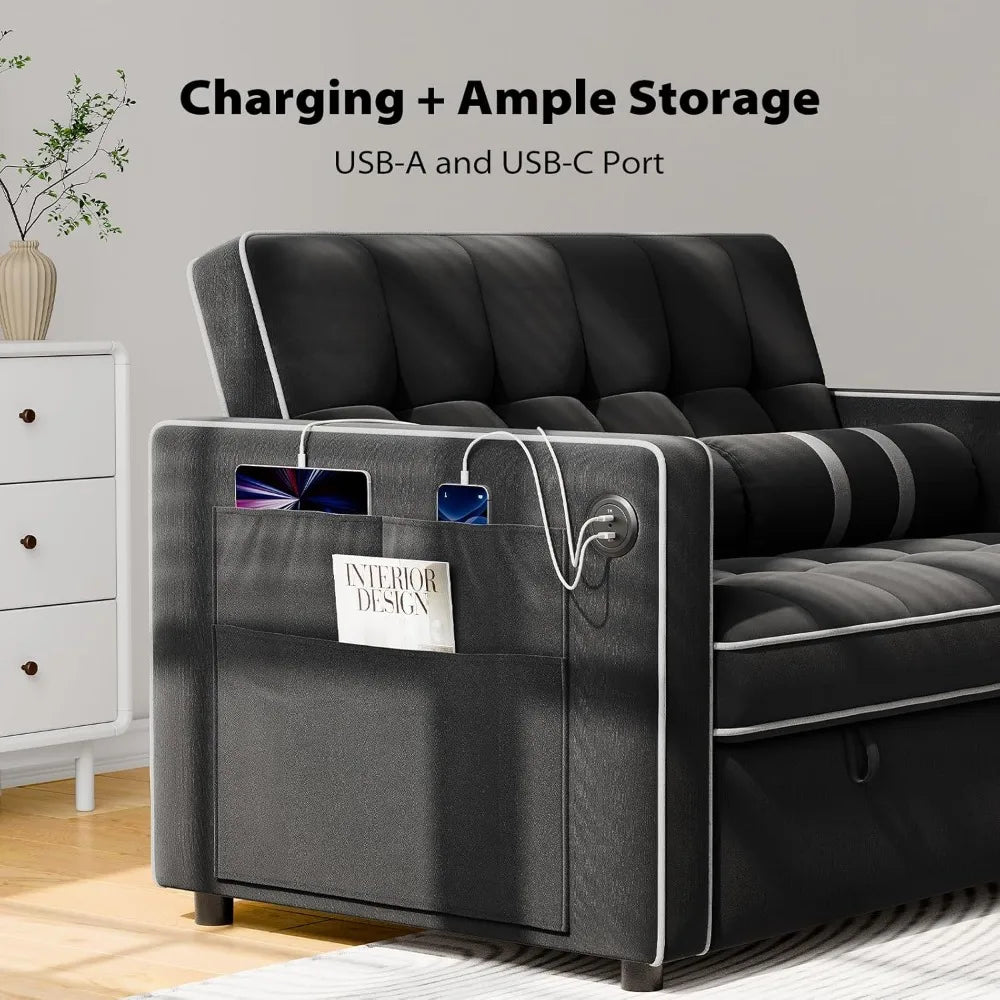 3 in 1 Convertible Sleeper Sofa Bed,Pull Out Couch for Living Room with USB Ports & Side Pockets,Adjustable Backrest,Velvet,Lov