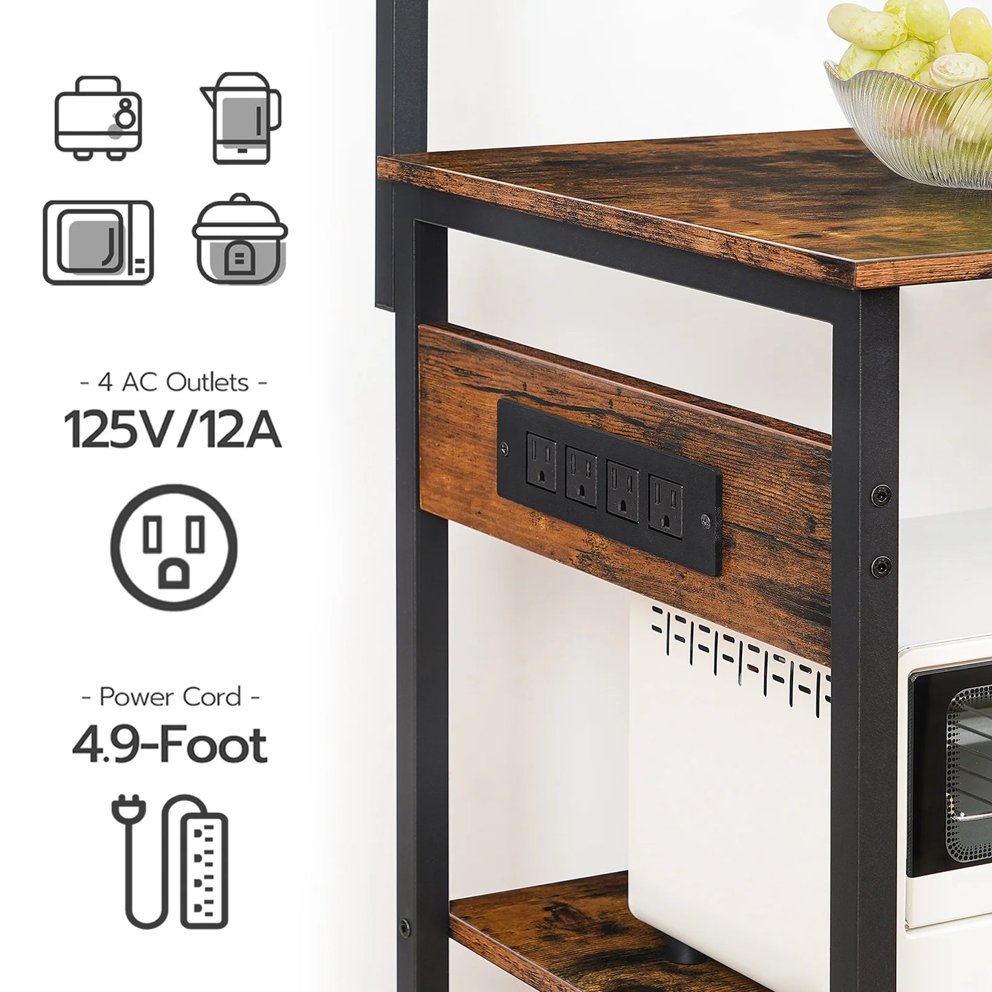 HOOBRO Large Bakers Rack with Power Outlets 6-Tier Microwave Stand with 4 Hooks Coffee Bar Rustic Brown and Black