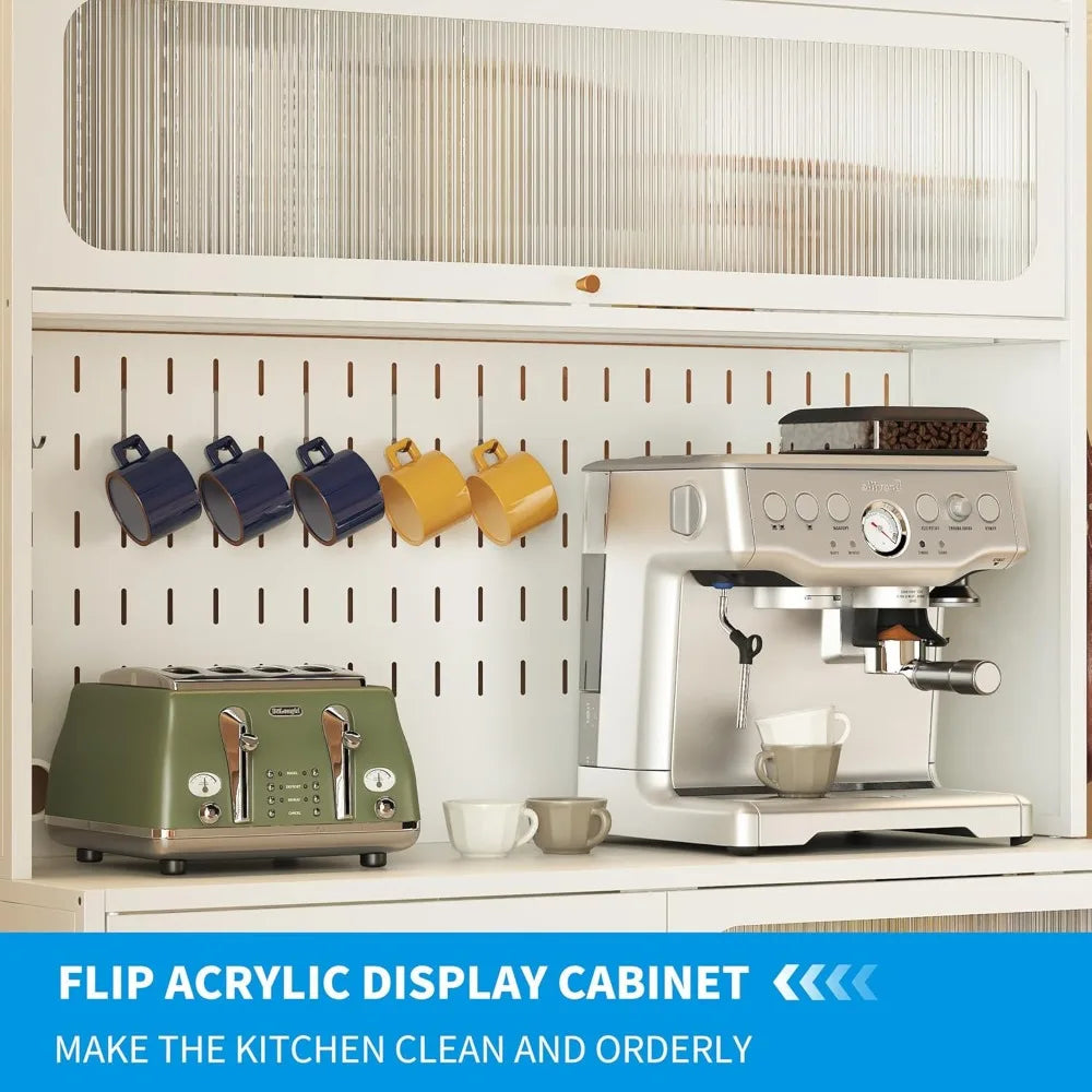 Kitchen Bakers Rack with Flip Door Cabinet, Metal Microwave Stand with Storage Cabinet and Metal Pegboard Panels for Kitchen