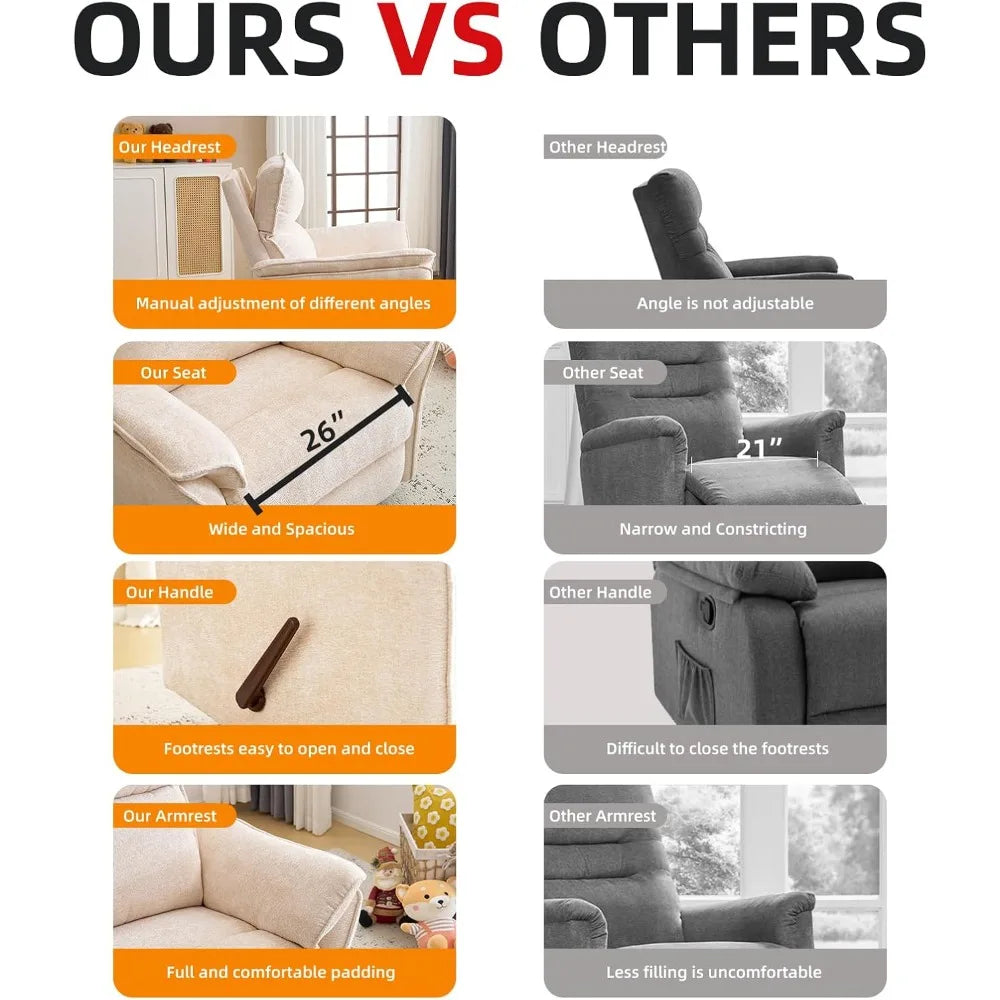 Oversized Recliner Chair, 26" Extra Wide 360° Swivel Rocker Recliner with Adjustable Headrest, Chenille Glider Rocking Nursery