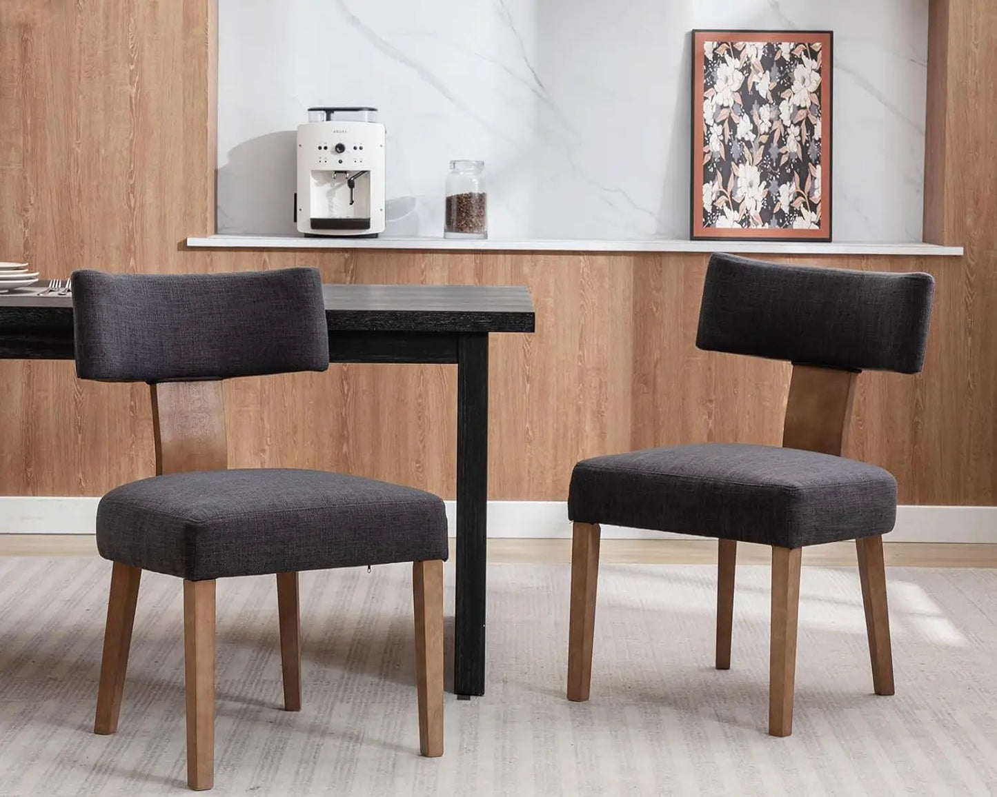 Mid Century Modern Dining Chairs Set of 6, Farmhouse Linen Fabric Upholstered Accent Curved Backrest Kitchen Chairs, with Ha