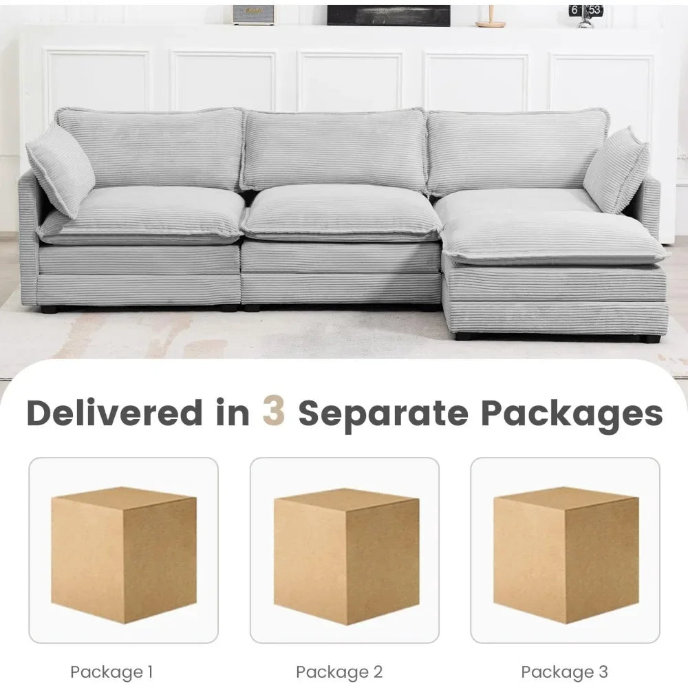 Oversized Modular Sectional Sofa with Movable Ottoman, 112 Inch 4 Seat Modern Corduroy Sofa Set, Convertible L Shaped Couch