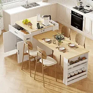74.5" Kitchen Island with Extendable Dining Table,Rolling Kitchen Island on Wheels, Storage Cart with 4 Door Cabinet, Spice Rac